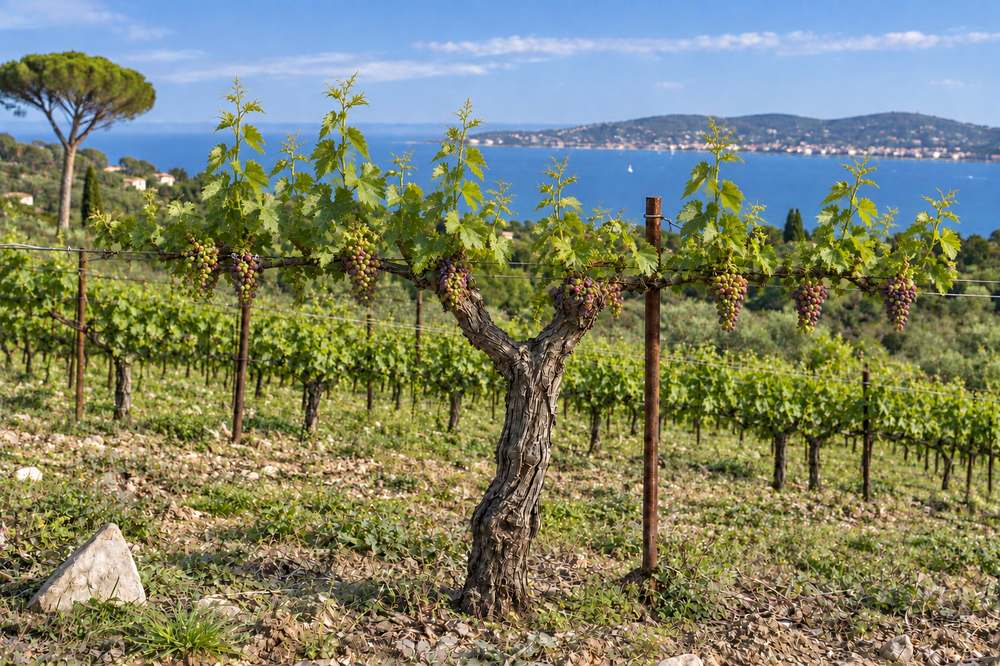 Cep de vigne face à la mer, début de véraison