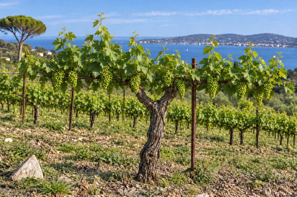 Cep de vigne face à la mer, les grappes vertes attendent le soleil