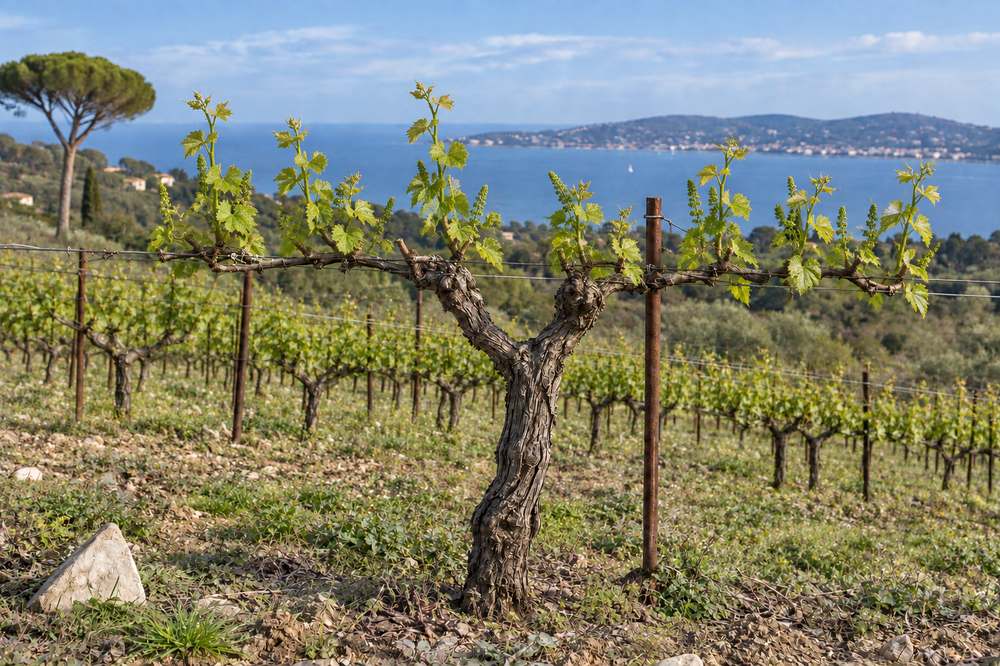 Cep de vigne face à la mer, les rameaux s’allongent, les grappes se forment